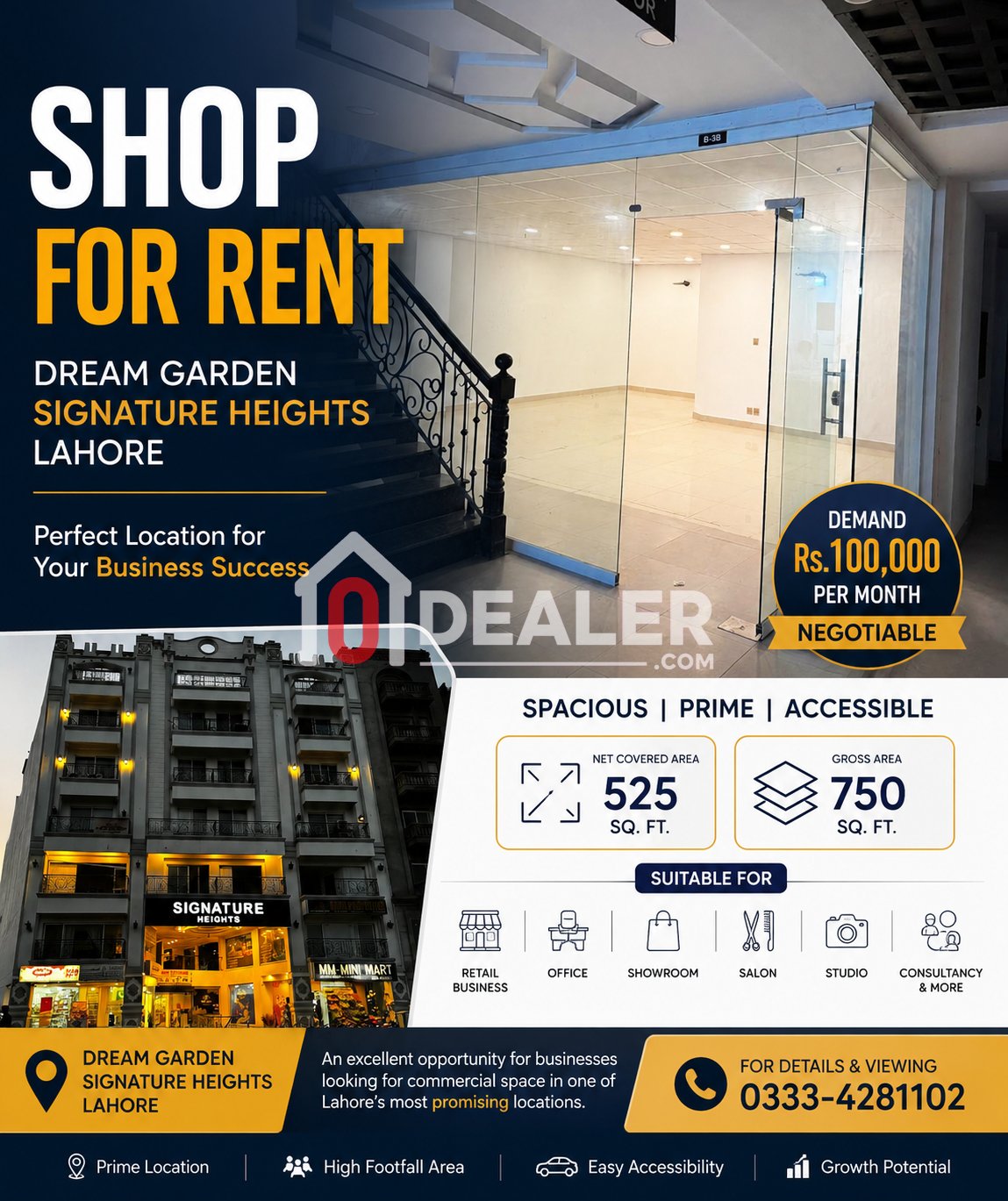 Shop for Rent in Dream Garden Signature Heights Lahore – 525 Sq. Ft. Covered Area